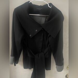 Theory Sheena Tie Waist Wide Snap Collar Jacket Viscose Knit Black Size L